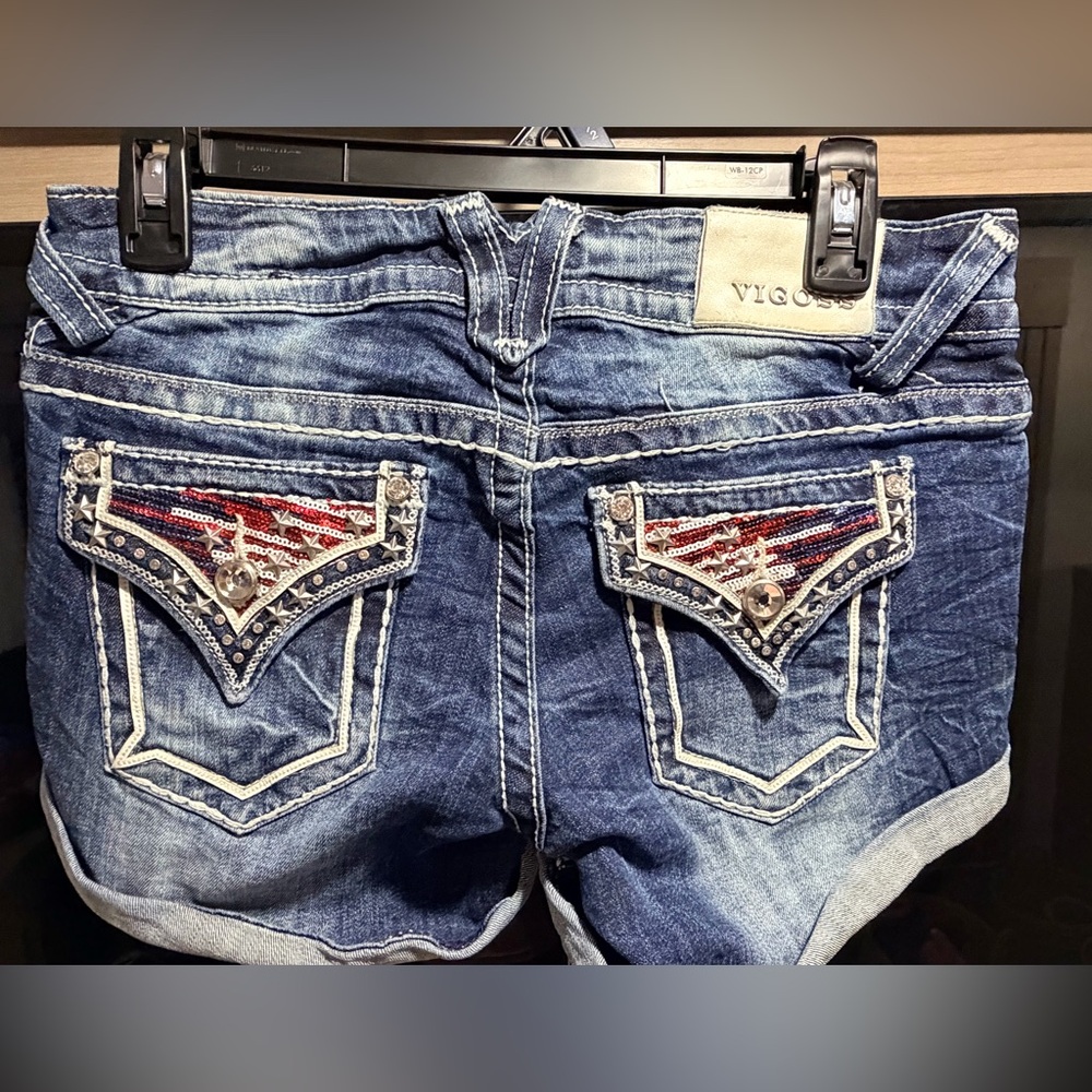 Vigoss 4th of July , Women's Blue Denim Shorts with Embellished Pockets
